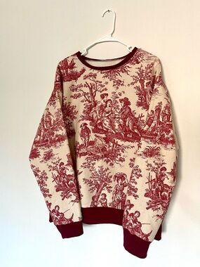 Handmade Rainmaker Threads Vintage Toile-Print Crewneck Sweater in Red and Cream